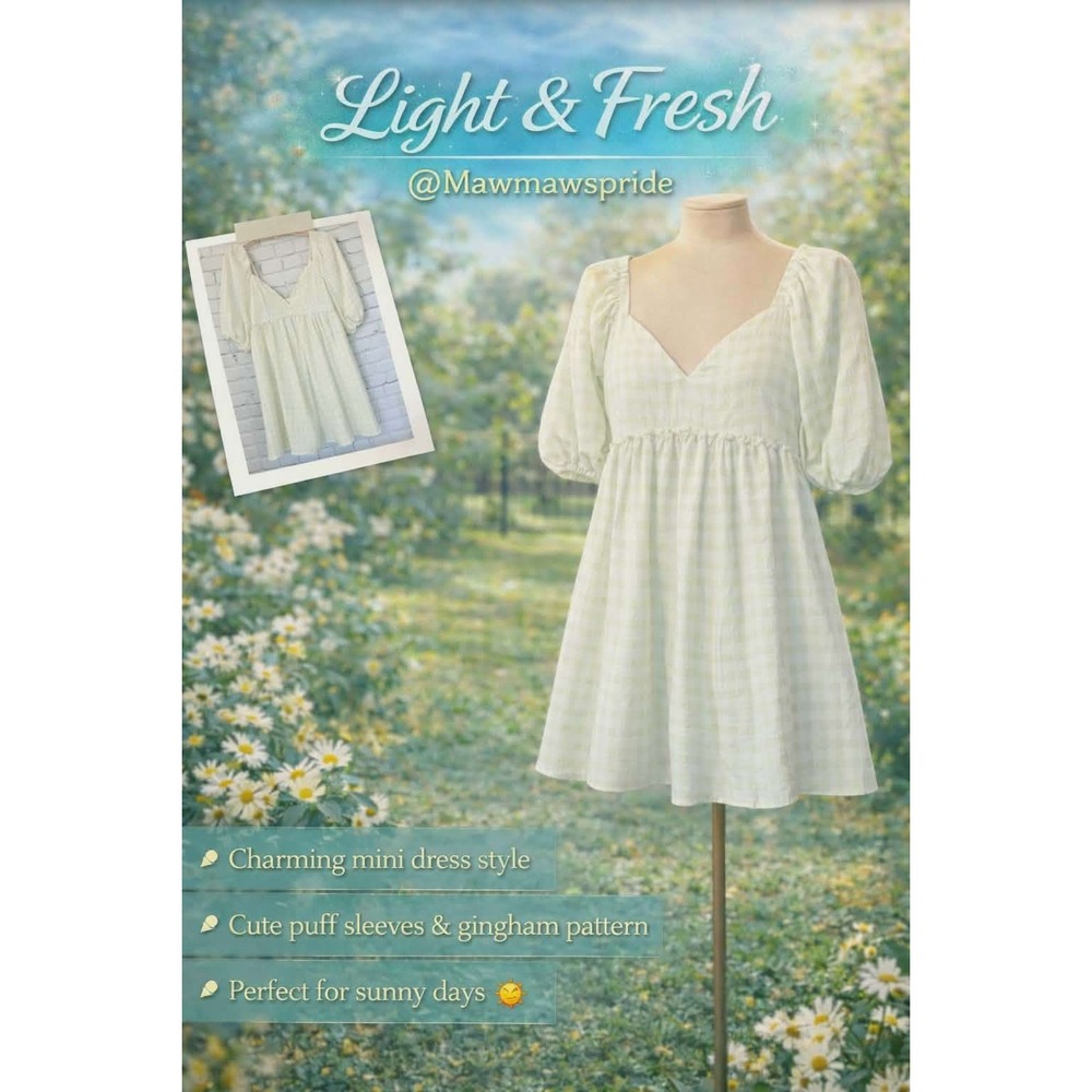 Gingham Puff Sleeve Open Back Mini Dress Sage Green White V-Neck Ruffle Empire
